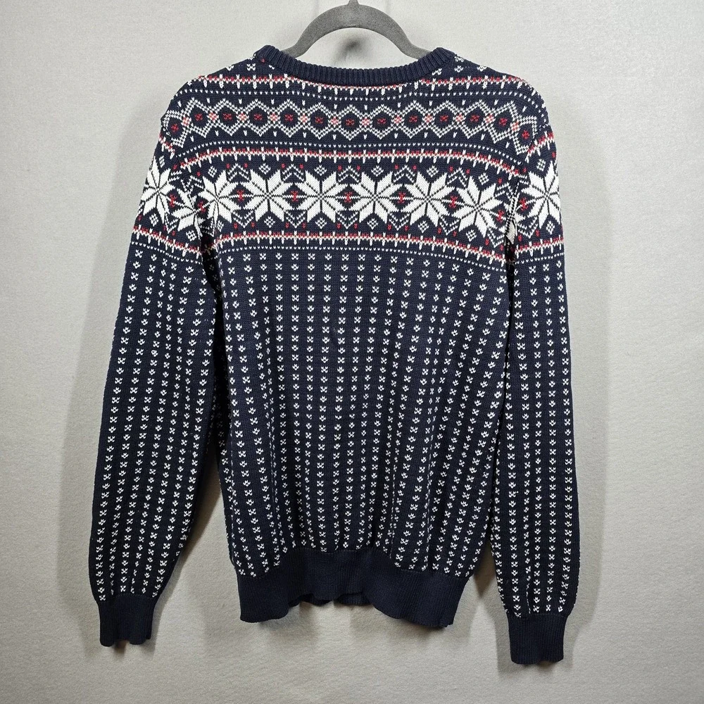J Crew Sweater Mens Large Navy‎ White Fair Isle Snowflake Knit Pullover